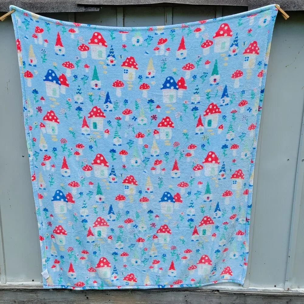 Light Blue Fleece Throw w/ Gnomes & Mushroom Houses - 50